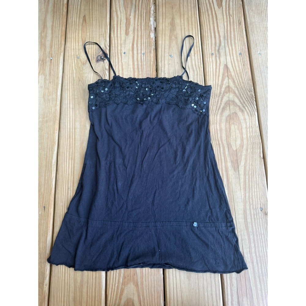 Vintage Y2K Duck Head Black Sequin Lace Cami Tank Top Stretch Babydoll Medium